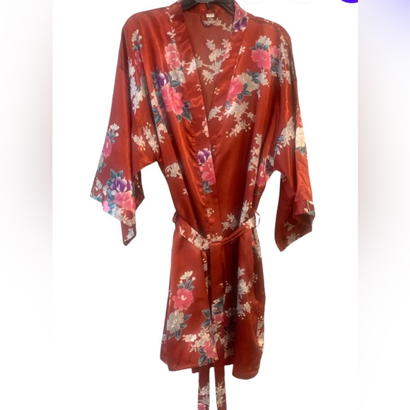 Floral Satin Robe Kimono Short With Belt Boho Women’s One Size - Picture 4 of 5